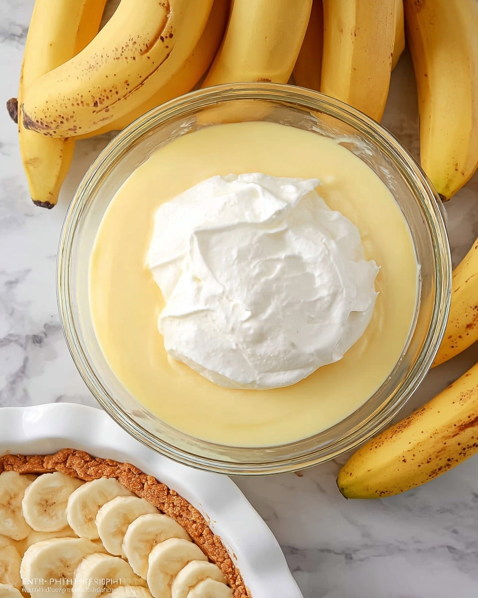A clear glass bowl holds two layers of mixture: a yellow, smooth creamy layer at the bottom and a thick white dollop on top. Around the bowl, there are yellow bananas with some brown spots resting on a white marbled surface. In the lower left corner, a white pie dish is partially visible, filled with sliced bananas neatly arranged in concentric circles over a golden crust. photo taken with an iphone --ar 4:5 --v 7