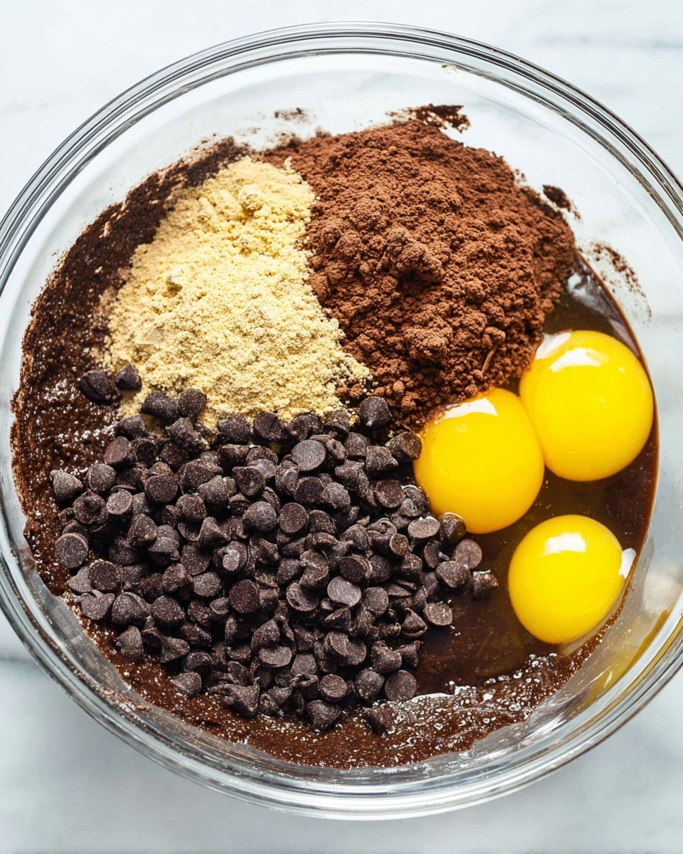 In a clear glass bowl on a white marbled surface, there is a mixture of several ingredients layered together: two bright yellow egg yolks on the top right, a mound of light brown cocoa powder in the middle left, a pile of dark chocolate chips at the bottom right, and a dark liquid chocolate batter forming the base and surrounding all other layers. The textures show the smooth wet chocolate batter contrasting with the dry powder and solid chocolate chips. The photo taken with an iphone --ar 4:5 --v 7