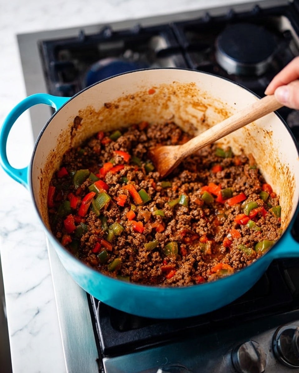 A turquoise pot filled with cooked ground meat mixed with diced red and green bell peppers is sitting on a stove. A woman's hand is holding a wooden spoon, stirring the mixture inside the pot. The inside of the pot shows some brown cooked marks around the edges from the cooking process. The stove has black grates and silver burners, and the background is a white marbled texture. photo taken with an iphone --ar 4:5 --v 7