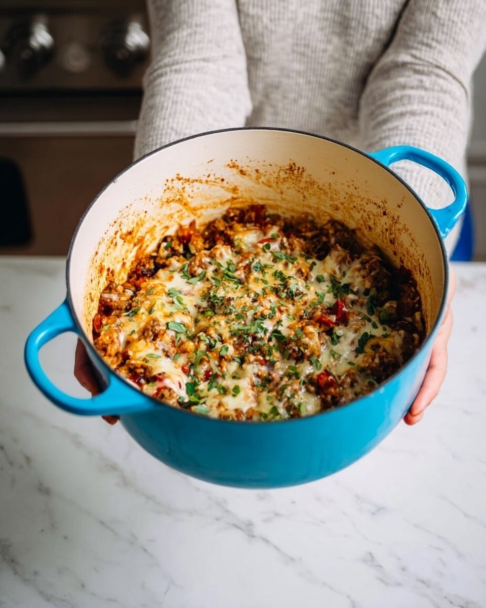 A woman's hand holds a bright blue pot filled with a cooked mixture of ingredients. The dish inside has a mix of brown, red, and green colors, with melted cheese on top and bits of herbs sprinkled over it. The pot's white interior shows some brown stains from cooking. The background shows a light kitchen setting with a white marbled surface beneath the pot. photo taken with an iphone --ar 4:5 --v 7