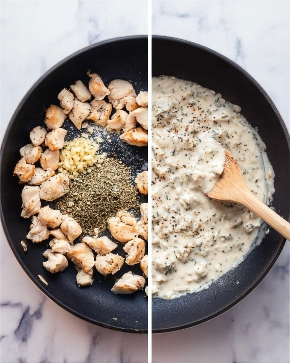 The left side shows a black pan filled with small, light beige pieces of cooked chicken, with three distinct piles of seasonings: minced garlic that is pale yellow, dried herbs that are green, and a light greyish powder. The right side shows the same black pan now filled with a creamy white sauce mixed with the chicken pieces, speckled with black pepper all over. A pale wooden spoon is inside the pan, stirring the sauce. The background has a white marbled texture. photo taken with an iphone --ar 4:5 --v 7
