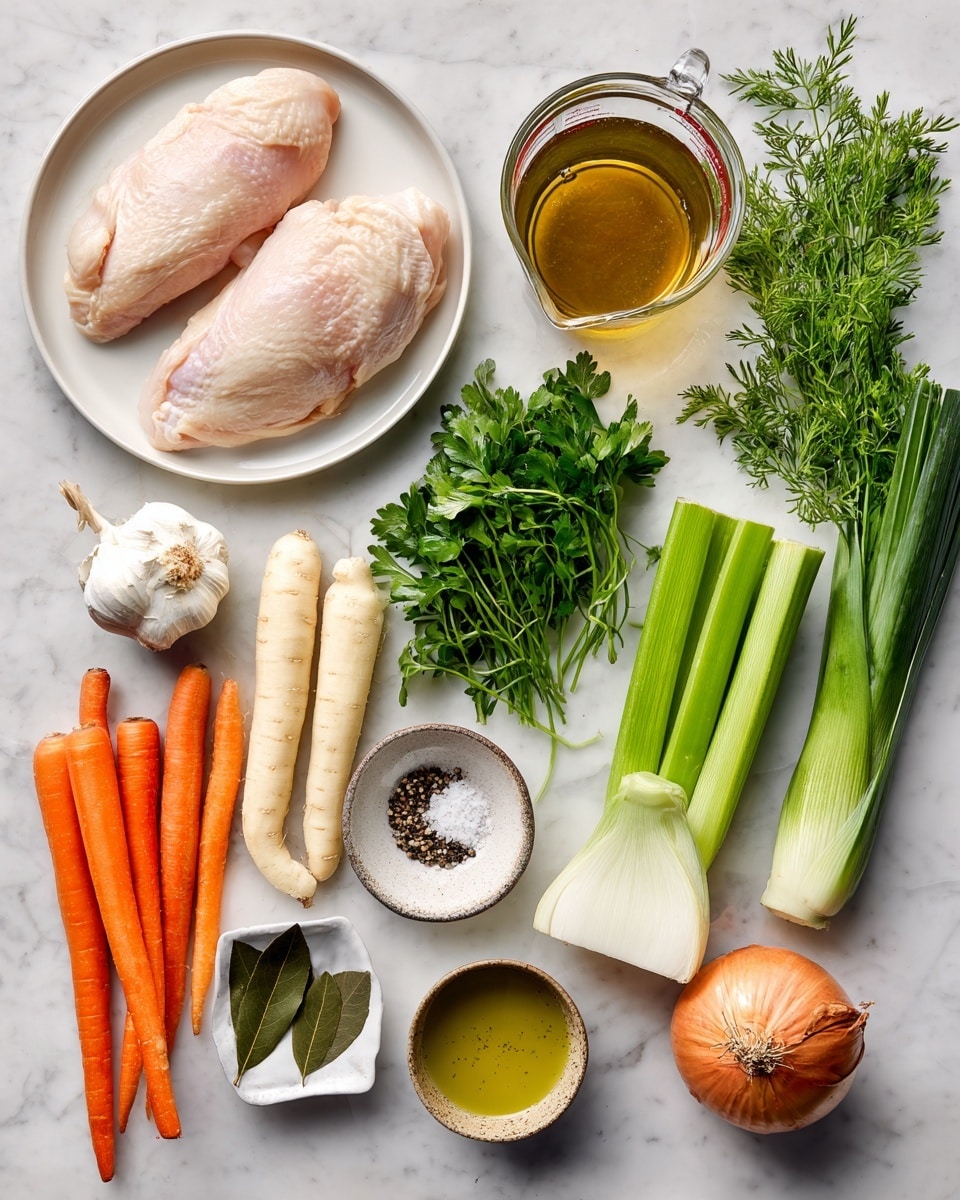 The image shows fresh ingredients neatly arranged on a white marbled surface. At the top left, two light pink chicken breasts lie on a white round plate. To the right, a clear glass measuring cup holds golden-brown chicken broth. Below the chicken breasts, a bunch of bright green parsley sits next to three pale beige parsnips positioned diagonally. Four vibrant orange carrots are directly below the parsley. To the left of the carrots, a whole white garlic bulb rests near dark green herbs. A small white dish with a single green bay leaf is placed nearby. Moving right, a light green leek with dark green leaves lies next to three green celery sticks. Further right, a large brown onion is above a small white bowl with olive oil, and next to it is a small rustic bowl containing salt and black pepper. The ingredients are spaced evenly, showing a variety of colors and textures. Photo taken with an iphone --ar 4:5 --v 7