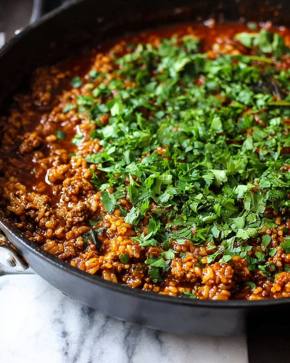 A close-up view of a black pan filled with cooked ground meat mixed with rice in a thick brownish-red sauce. The dish is topped with a generous layer of fresh green chopped herbs spread evenly over the surface. The texture is chunky with visible grains of rice and bits of meat, all coated in the rich sauce. The pan rests on a white marbled surface. Photo taken with an iphone --ar 4:5 --v 7