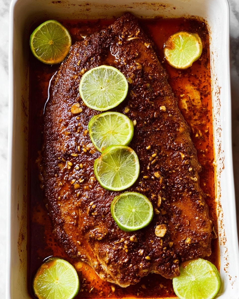 The image shows a cooked fish fillet covered with a thick layer of dark brown spices and small bits of garlic, resting in a white rectangular baking dish filled with reddish-brown oily sauce. On top of the fillet, there are five bright green lime wedges arranged in a line near the center. Around the fish, there are also two squeezed lime halves with soft, pale yellow insides, one at the top left corner and one at the bottom right. The surface under the baking dish is a clean white marbled texture. photo taken with an iphone --ar 4:5 --v 7