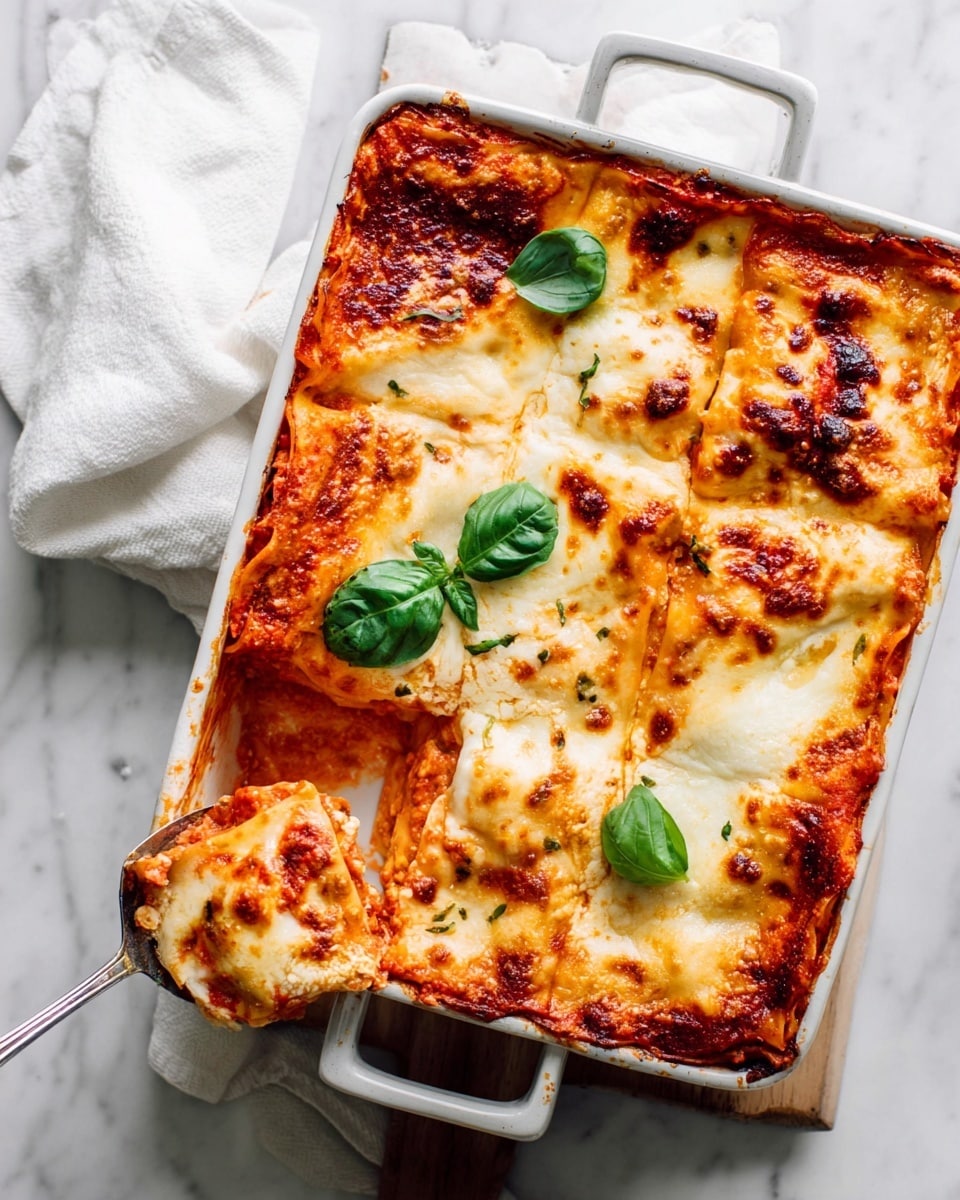 A white rectangular baking dish filled with a four-layer lasagna, each layer showing thick tomato sauce, white creamy cheese, and pasta sheets. The top layer is covered with melted cheese that is golden brown and bubbly with some darker spots. Three fresh green basil leaves are placed on top for decoration. A silver spoon lifts a square piece from the bottom left corner, showing the gooey, layered inside. The dish is placed on a white marbled surface with a white cloth to the left and a wooden board handle peeking out beneath the dish. Photo taken with an iphone --ar 4:5 --v 7