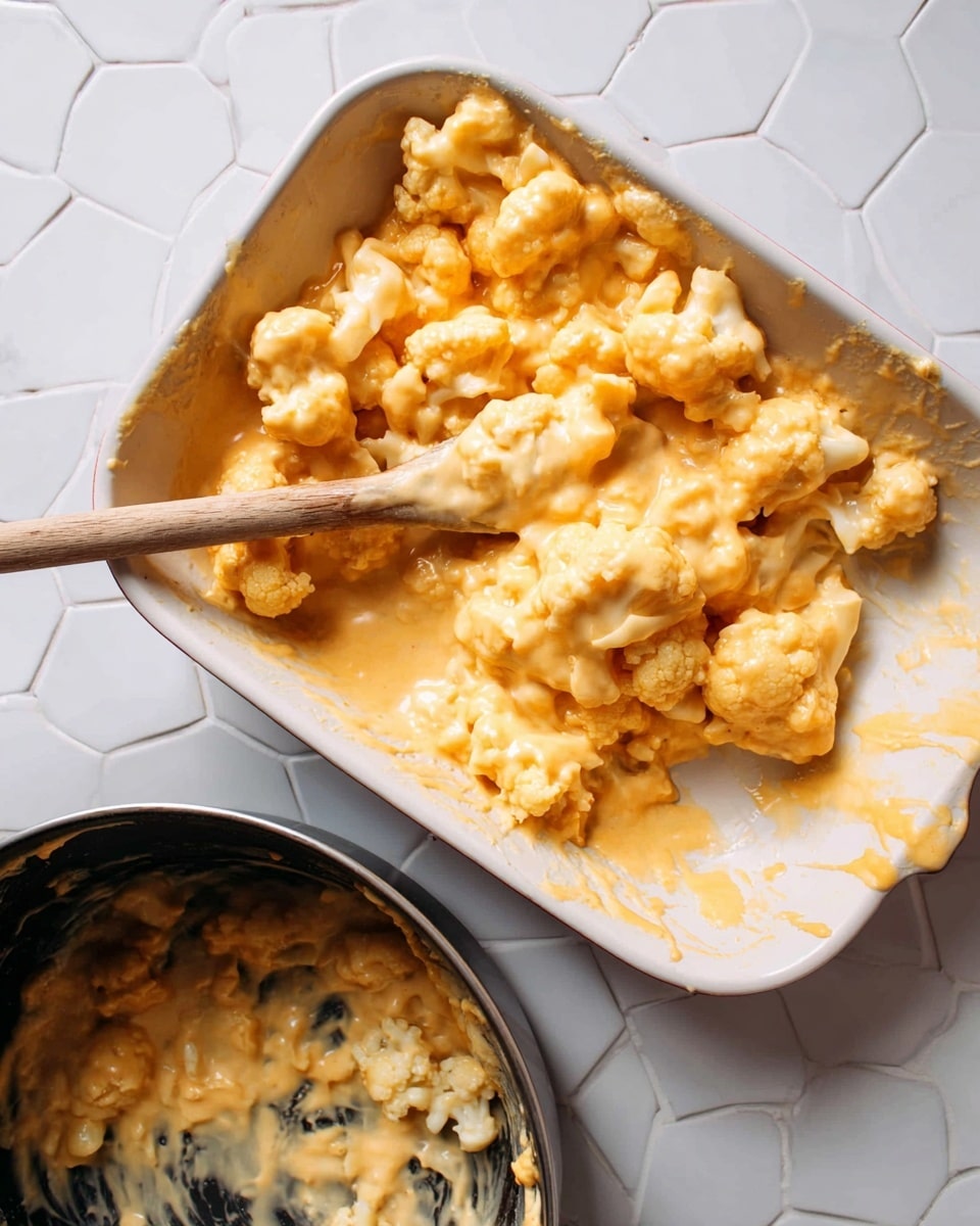 A white baking dish holds a mix of cauliflower pieces covered in a thick, creamy orange-yellow cheese sauce. Below, a black pot contains more of the same cheesy cauliflower mixture, with a wooden spoon resting inside, partially coated in sauce. The texture appears soft and rich, with the cauliflower florets clearly visible through the smooth sauce. The scene is set on a white marbled hexagonal tile surface. photo taken with an iphone --ar 4:5 --v 7