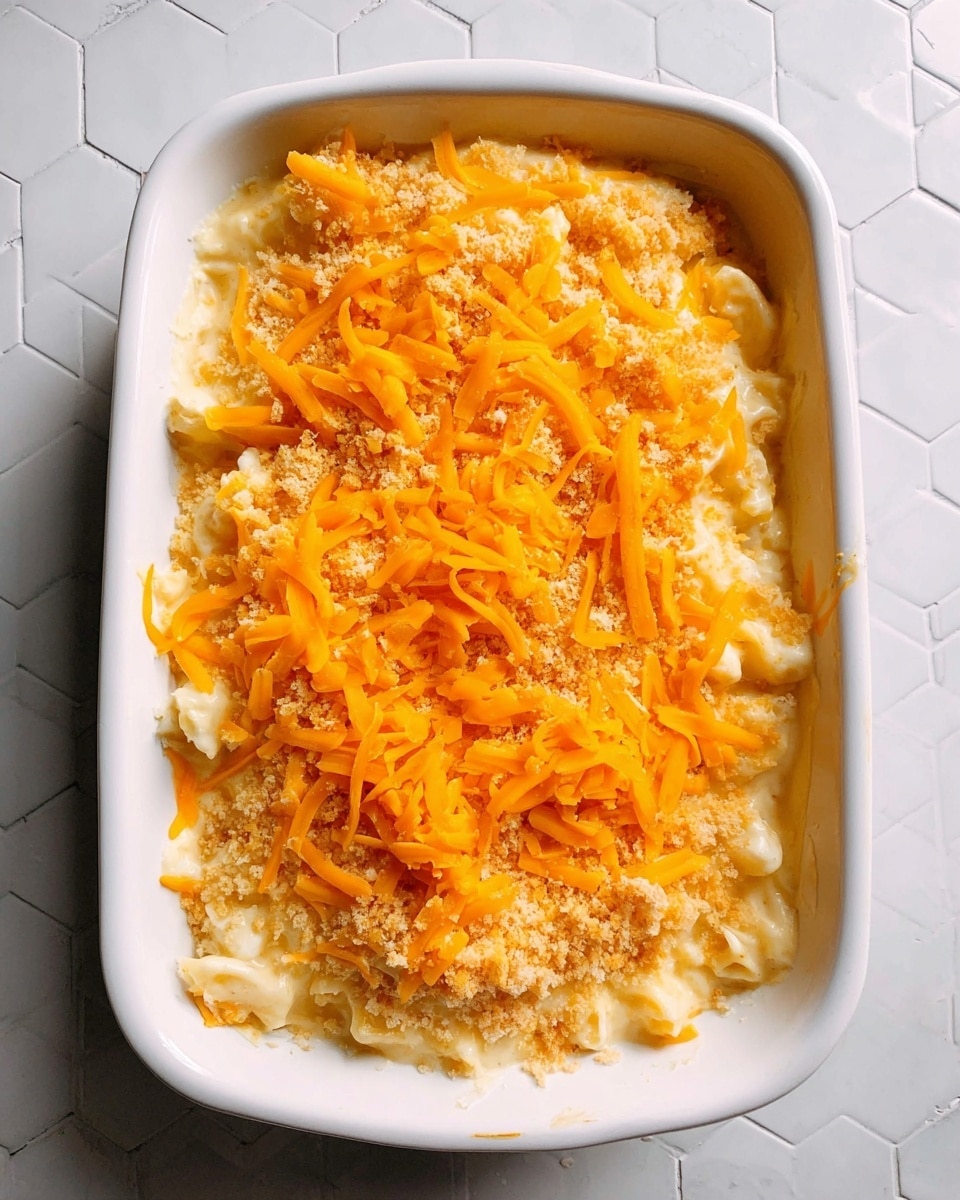 A white ceramic baking dish filled with a creamy macaroni and cheese mixture, layered with tender pasta coated in a pale yellow cheese sauce. The top layer is covered with bright orange shredded cheddar cheese and golden breadcrumbs, adding a rough, crunchy texture. The dish sits on a white marbled surface with hexagonal tile patterns visible around the edges. Photo taken with an iphone --ar 4:5 --v 7
