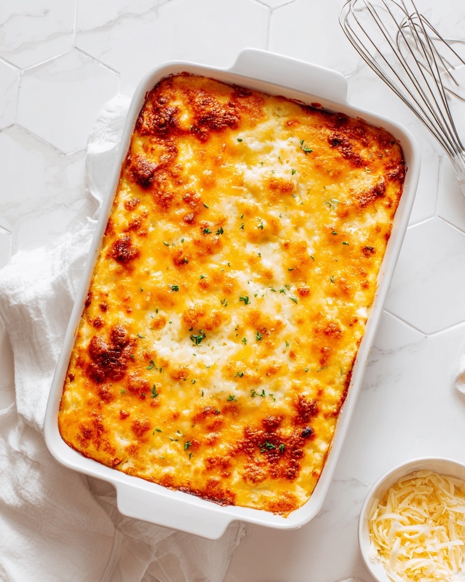 A rectangular white baking dish holds a baked casserole with a golden-brown melted cheese topping that has bubbly and slightly crispy edges, with small green herbs sprinkled lightly on top. The casserole surface has a mix of light yellow and orange shades of baked cheese with some browned spots. The dish is placed on a white marbled hexagonal tile surface, with a white cloth and a metal whisk to the upper right, and a small white bowl of shredded cheese to the lower right. The photo is bright with soft natural light, emphasizing the textures of the melted cheese photo taken with an iphone --ar 4:5 --v 7