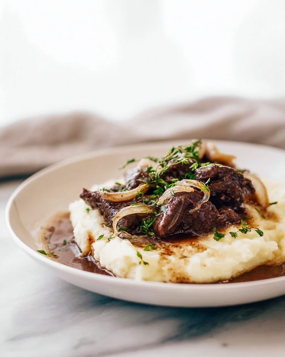 The dish shows a white plate with one layer of creamy mashed potatoes that are smooth and slightly cracked. On top of this is the second layer, consisting of dark brown meat pieces covered with a shiny brown sauce. There are cooked onion slices mixed into the sauce, and small green herbs are sprinkled on the meat and potatoes, adding a fresh look. The sauce lightly spills over the sides onto the white marbled surface. The background is blurred with soft light, focusing on the warm, comforting food photo taken with an iphone --ar 4:5 --v 7