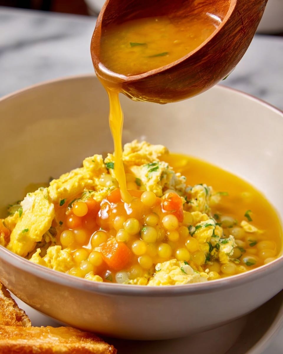 A white bowl sits on a table with a white marbled texture, filled with small, round yellow pearls that form the base layer. On top is a soft, scrambled egg layer with green herb bits and small pieces of orange carrot mixed in, showing a creamy texture. A wooden spoon held above the bowl is pouring a warm, thick yellow-orange broth with visible pieces of carrot and green herbs, creating a shiny, slightly glossy effect as it flows over the eggs and pearls. The scene includes part of a golden toasted item in the bottom left corner. Photo taken with an iphone --ar 4:5 --v 7