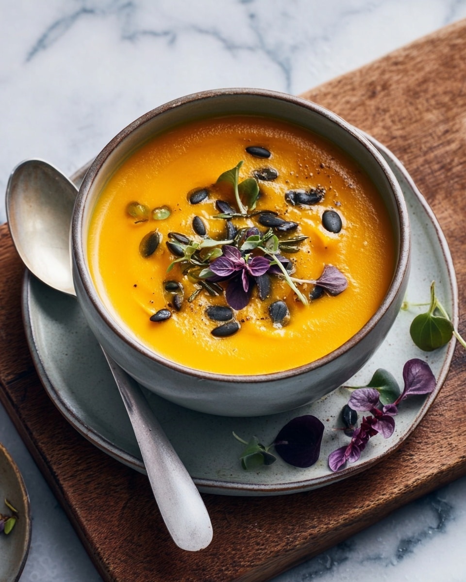 The image shows a white bowl filled with smooth, bright orange soup that looks creamy. The soup surface is decorated with dark green pumpkin seeds and small purple and green leaves scattered in the center. The bowl is placed on a white plate with a pale gray spoon resting on the left side. The plate sits on a wooden board, and some extra purple and green leaves lie on the board in front of the plate. The background has a white marbled texture. photo taken with an iphone --ar 4:5 --v 7