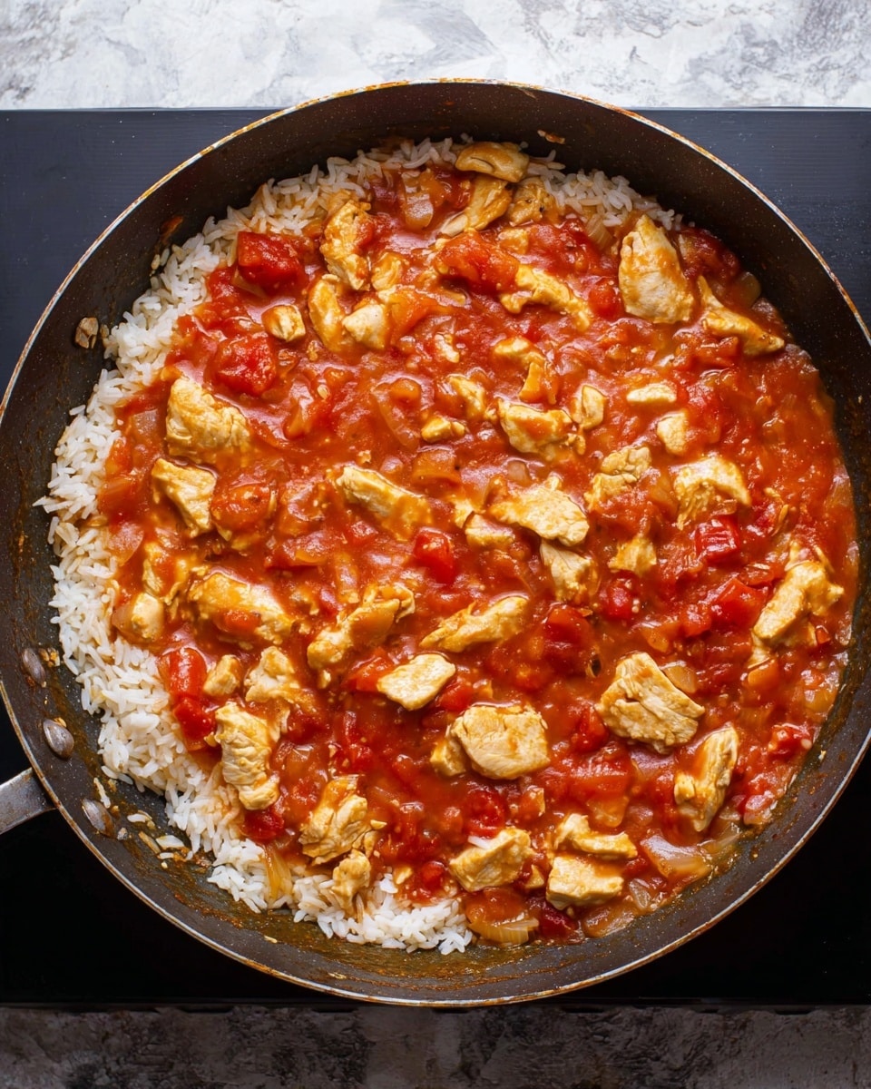 The image shows a single black pan filled with a dish that has three main layers: a base of cooked white rice mixed evenly throughout, a thick middle layer of red tomato sauce with visible chunks of diced tomatoes, and scattered pieces of cooked light brown chicken placed on top, all mixed together. The pan's edge has some bits of onion stuck around it, and the pan is placed on a black cooking surface. The background is a white marbled texture. photo taken with an iphone --ar 4:5 --v 7