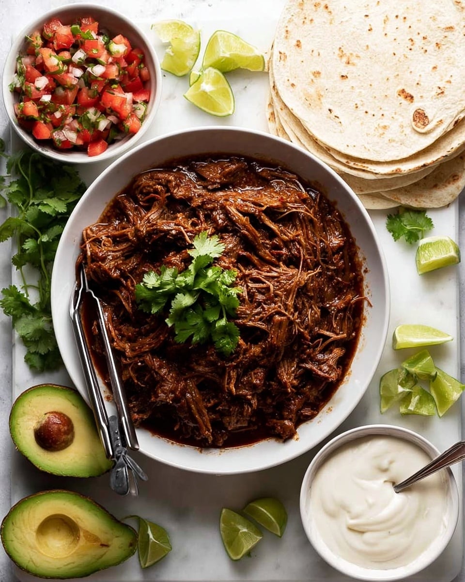 The image shows a white bowl full of dark brown shredded meat covered in sauce with a few green cilantro leaves on top. Next to it on a white surface, there is a small white bowl of diced tomato and onion salsa with lime wedges on the side. A small white bowl of light cream sauce sits nearby with a spoon inside it. To the side, there are several white tortillas stacked with lime wedges on top. In the lower left corner, there are two halves of avocado, one showing the seed and some cilantro leaves around them. The whole setup is arranged on a white marbled surface with a woman's hand holding metal tongs resting on the bowl of meat. photo taken with an iphone --ar 4:5 --v 7