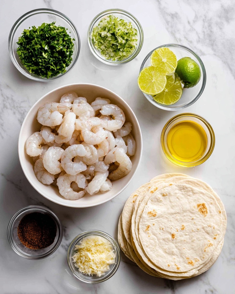 A white bowl filled with raw shrimp sits in the center of the image, surrounded by small clear glass bowls holding various ingredients. On the left side, there is a small bowl with bright green chopped coriander/cilantro, a bowl with green lime zest and juice, and a small bowl with golden olive oil. On the right side, there is a bowl containing dark brown chipotle powder and a bowl with minced light yellow garlic. Next to the bowls on the right, there is a stack of white corn tortillas. The background shows a white marbled surface, with everything arranged neatly and clearly visible. Photo taken with an iphone --ar 4:5 --v 7