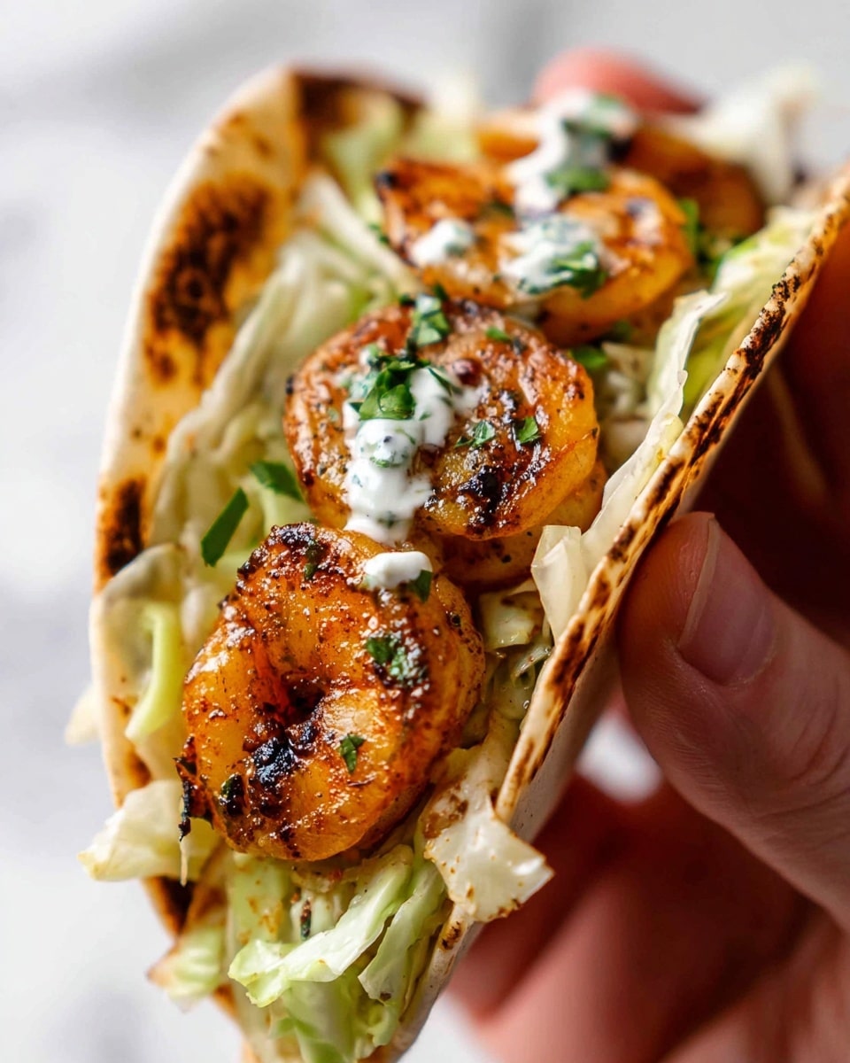 A close-up image shows a white taco shell with some grilled marks, filled with three golden-brown shrimp stacked on top of fresh shredded light green cabbage. The shrimp have a slightly charred texture with some green herbs sprinkled on top, and a small dollop of white sauce sits on the top shrimp. The taco is held by a woman's hand against a white marbled background, showing the layers and textures clearly. photo taken with an iphone --ar 4:5 --v 7
