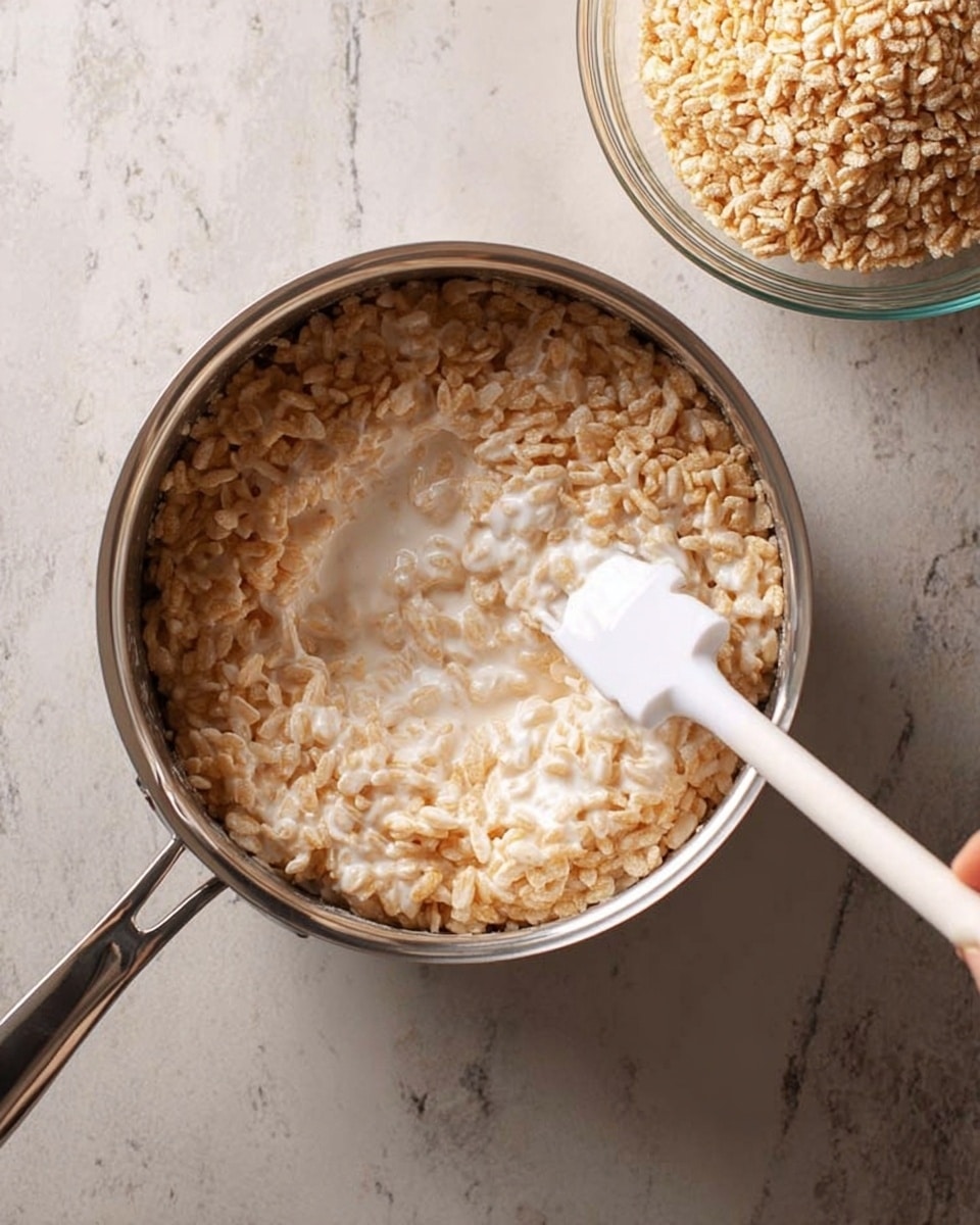 A medium silver saucepan filled with a mixture of light beige puffed rice cereal and creamy, melted white marshmallow, being stirred with a white spatula. The mixture has a shiny, sticky texture with some dry cereal visible on the edges. To the right, there is a glass bowl containing more puffed rice cereal. The scene is set on a white marbled surface photo taken with an iphone --ar 4:5 --v 7