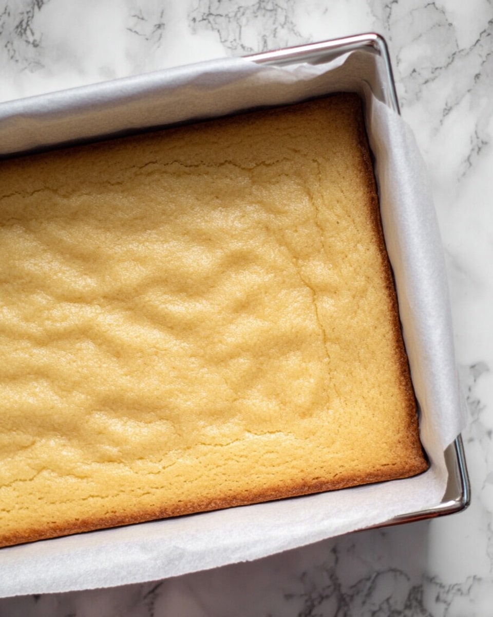 A close-up top view of a rectangular baked cake layer resting on white parchment paper inside a metal baking tray, showing an even, light golden brown surface with a slightly wrinkled texture and soft appearance. The tray is set on a white marbled texture surface photo taken with an iphone --ar 4:5 --v 7
