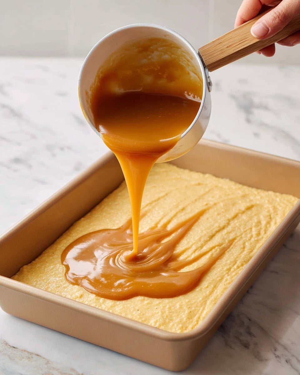 A rectangular light beige pan holds a thick, uneven pale yellow batter layer spread flat across the bottom. Above it, a woman's hand pours a shiny, smooth, rich golden caramel-colored sauce from a small saucepan with a light brown wooden handle, creating a thick stream that spreads over the batter. The background surface is white with a marbled texture. Photo taken with an iphone --ar 4:5 --v 7
