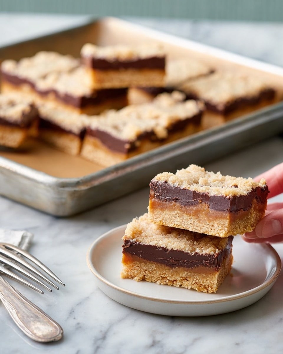 The image shows rectangular bars with three visible layers: a bottom layer of light brown crumbly crust, a thick middle layer of dark brown chocolate with a smooth texture, and a top layer of a pale, slightly crumbly dough with cracks and some golden spots. Two bars are stacked on a small white plate, and a woman's hand is lifting one bar from a metal baking tray that holds several bars, some already cut and separated. The background surface is white marble with subtle veins, and there are two forks placed next to the plate. Photo taken with an iphone --ar 4:5 --v 7