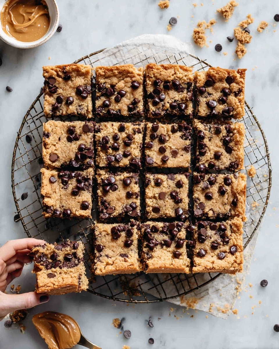 The image shows a square batch of blondie bars with semi-sweet chocolate chips scattered on top and embedded inside, cut into 16 smaller squares on a round wire cooling rack over a white marbled surface. The top layer is golden brown with a crumbly texture, dotted heavily with dark chocolate chips. One piece is lifted by a woman's hand, showing the thick, soft-looking middle layer filled with more chocolate chips, while the base is a slightly darker brown crust. Around the rack, some crumbs and chocolate chips are scattered, and a small white bowl with a spoonful of peanut butter is placed nearby. photo taken with an iphone --ar 4:5 --v 7