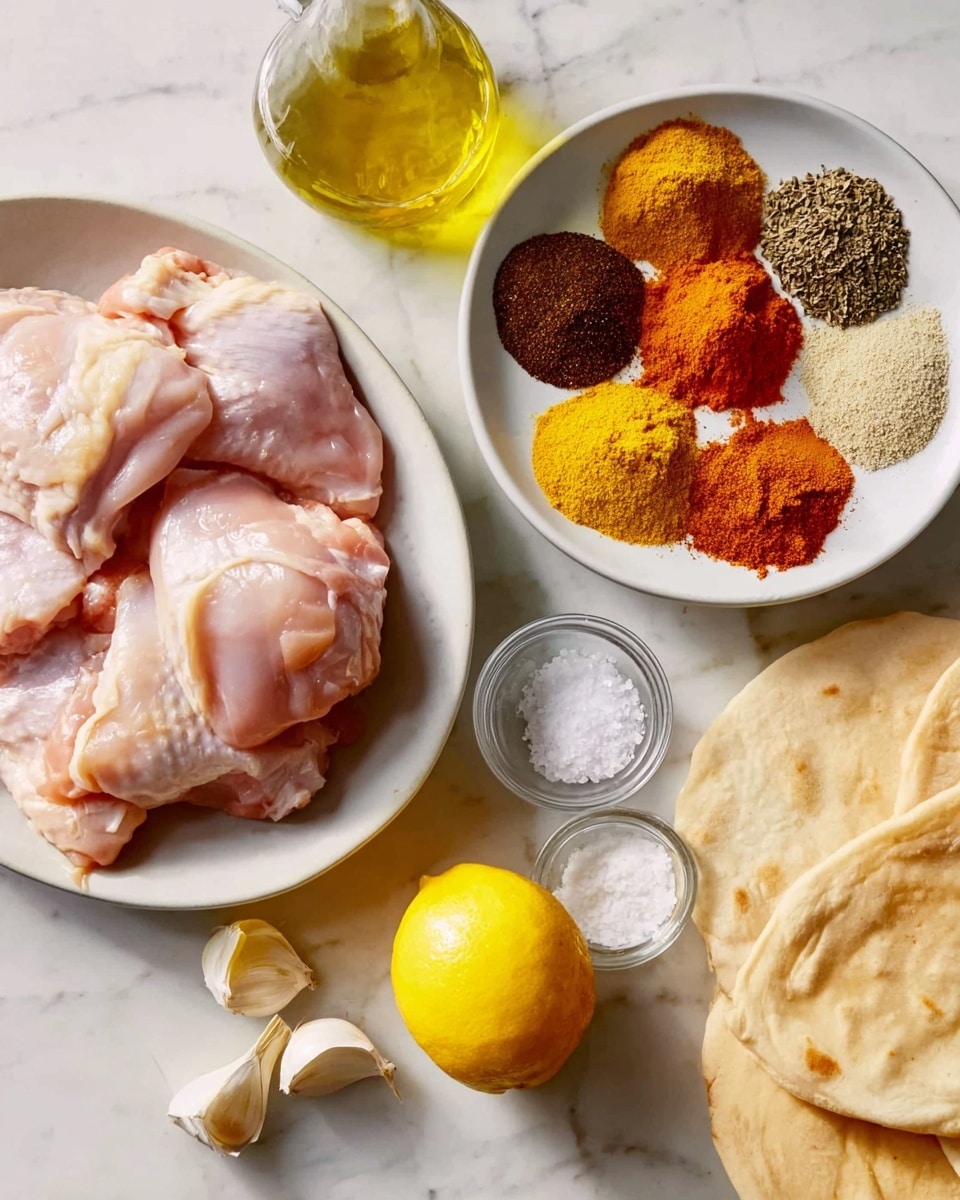 A white oval plate filled with raw light pink chicken thighs sits on the left side of the white marbled surface. Above the plate, a clear glass bottle with golden olive oil stands. To the right of the plate, a white bowl holds seven piles of colorful spices including dark brown, red, yellow, orange, and beige powders arranged in a circle. Next to the bowl are small clear dishes with coarse salt and black pepper. A bright yellow lemon, both whole and cut in half showing its juicy inside, rests near peeled garlic cloves scattered on the surface. At the bottom right corner, soft golden-brown flatbreads overlap each other. Photo taken with an iphone --ar 4:5 --v 7