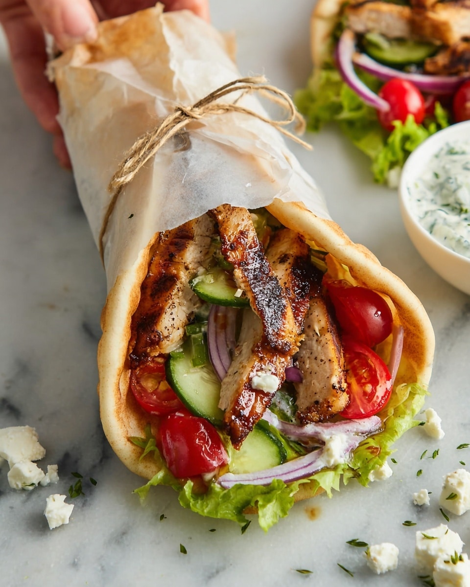 The image shows a wrapped pita sandwich tied with string on a white marbled surface. The pita is light brown with a soft texture, partially covered by translucent parchment paper. Inside, there are several layers: the bottom layer is green lettuce strips, followed by thick grilled chicken strips with a browned, slightly charred surface. Above the chicken, there are thin slices of cucumber, bright red halved cherry tomatoes, and rings of purple onion. Small crumbles of white cheese are scattered throughout the filling and on the marbled surface nearby. In the background, a woman's hand is holding part of another pita, and a white bowl with a creamy sauce and herbs is partially visible to the right. Photo taken with an iphone --ar 4:5 --v 7