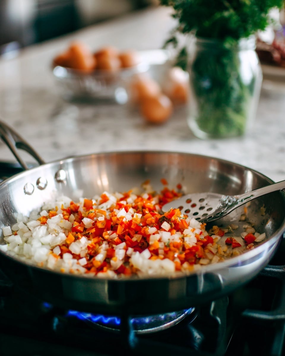 A shiny silver pan sits on a stove with a blue flame below, filled with two layers of small chopped ingredients: the bottom layer is white with pieces of onion, and the top layer has small red and orange pieces of bell pepper. A silver slotted spoon rests inside the pan, angled across the vegetables. In the blurred background, there are green herbs in a glass jar and brown eggs set on a white marbled surface. photo taken with an iphone --ar 4:5 --v 7