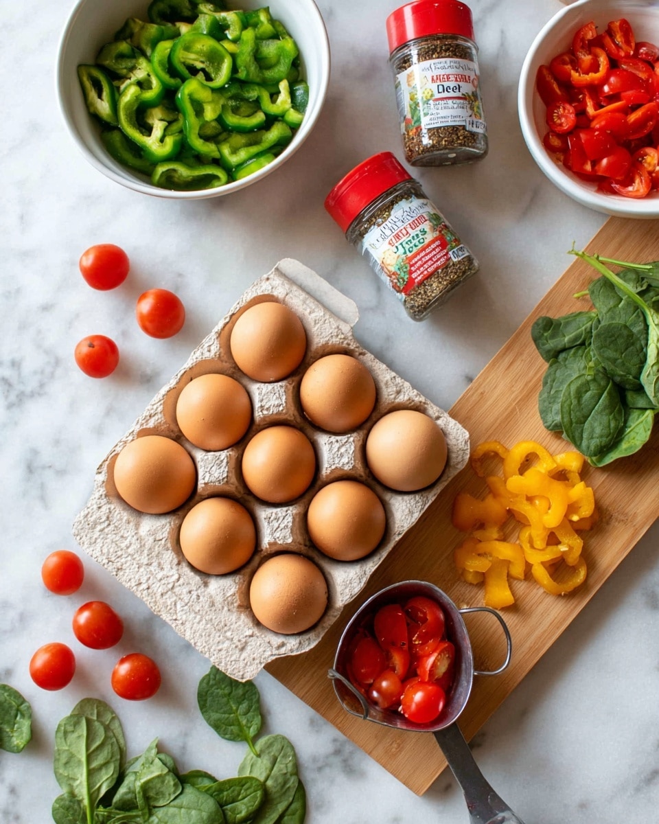 The image shows a carton holding nine brown eggs arranged in two rows, placed on a white marbled surface. To the left is a white bowl filled with chopped green bell peppers. A wooden cutting board holds sliced red bell pepper pieces, positioned near two small spice jars labeled basil leaves and oregano leaves with red caps. Scattered around the surface are whole and halved cherry tomatoes and fresh spinach leaves. A metal measuring cup topped with halved cherry tomatoes appears on the right. The colors are bright and fresh with a natural look, and everything is arranged in an inviting kitchen setup. photo taken with an iphone --ar 4:5 --v 7