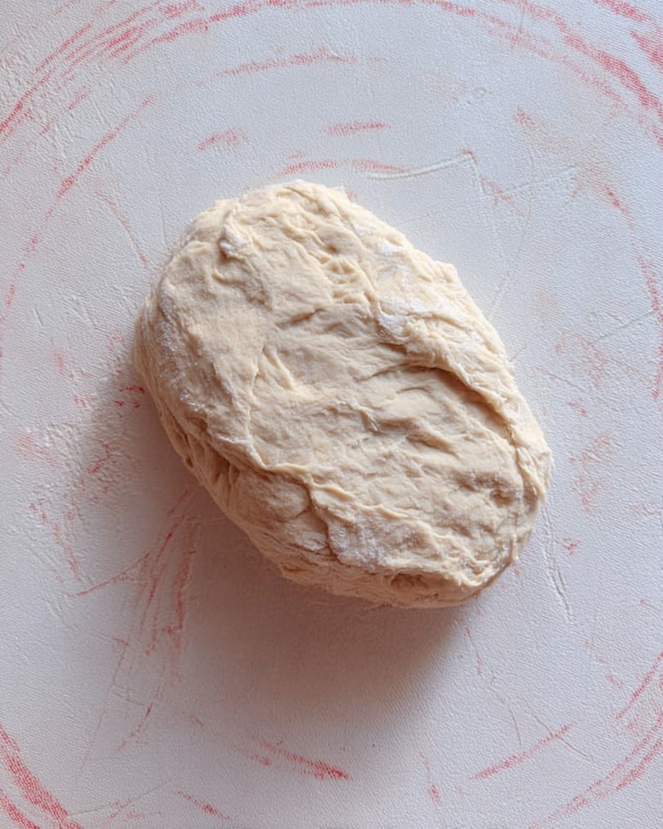 The image shows a single piece of dough resting on a white marbled surface with faint red circular measurement markings. The dough is roughly oval-shaped, has a light beige color, and a slightly rough, uneven texture with visible folds and creases on the top. The surrounding area is clean and empty, focusing attention solely on the dough. Photo taken with an iphone --ar 4:5 --v 7