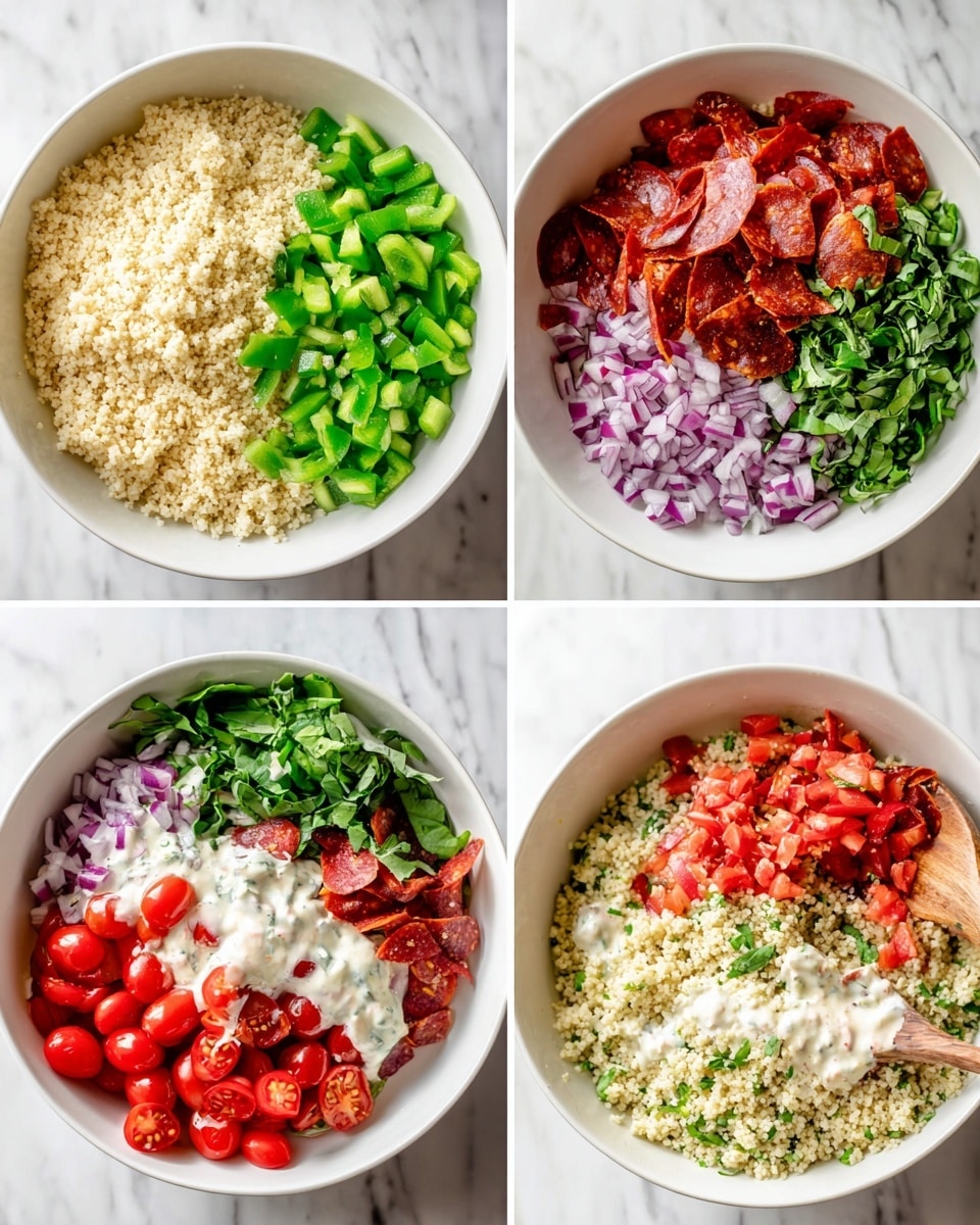 A set of four images shows the making of a fresh salad in a white bowl on a white marbled surface. The first image features the white bowl filled with a layer of cooked light beige couscous grains, fluffy and small. The second image adds layers on top of the couscous, arranged in sections: bright green chopped bell peppers on the left, deep red cherry tomatoes halved on the bottom right, finely chopped red onions with a purple hue on the bottom left, fresh dark green basil leaves on the right, bright red diced tomatoes on the top right, and sliced reddish-brown pepperoni pieces on the top left. The third image adds a creamy white dressing drizzled over the undisturbed layers in the bowl. The final image shows a woman's hand stirring all ingredients together, mixing the colors and textures into a colorful, fresh couscous salad with visible green peppers, red tomatoes, purple onions, basil, and pepperoni pieces throughout photo taken with an iphone --ar 4:5 --v 7