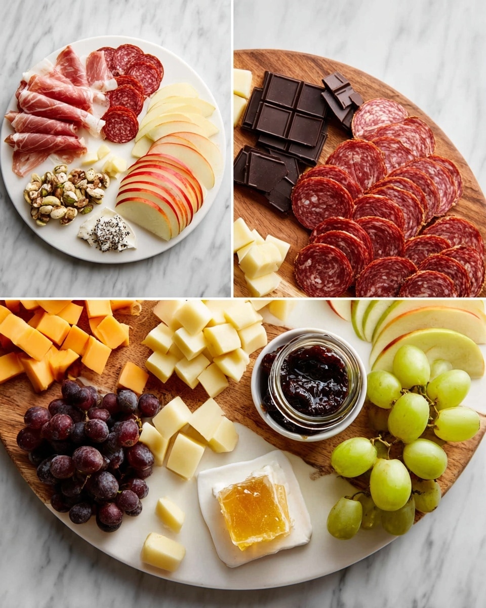 A white round board with a wooden half edge holds a colorful cheese and meat platter. Starting from the top right, there is a stack of thin apple slices in shades of red and pale yellow. Below it is a fan of pale yellow cheese wedges. Next to the cheese is a neat row of round, reddish pepperoni slices. Beside this is a pile of dark chocolate squares. Near the center is a small glass jar of dark jam. Below is a small white dish with a light block of cheese covered in a translucent yellow jelly. To the left of this dish are thin slices of pale yellow apple arranged like a fan. Close by is some pinkish, thinly folded prosciutto. At the bottom left, there is a white wedge of brie cheese. Above the brie is a small bunch of light green grapes. Above the grapes are square cubes of orange cheddar cheese. Toward the top left of the board, folded slices of darker red cured meats sit on a small white plate, with one piece covered in black pepper. The board is placed on a white marbled surface. Photo taken with an iphone --ar 4:5 --v 7