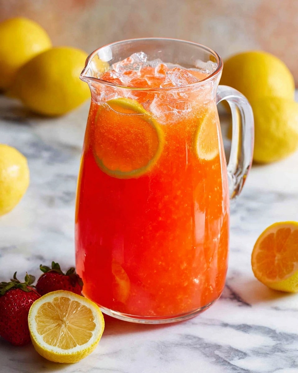 A clear glass pitcher filled with bright orange-red liquid that looks like a mix of juice and small bits of fruit or pulp; inside the pitcher, two thin lemon slices float near the top, and ice cubes are visible, adding texture; the background shows yellow lemons and a red strawberry, with an additional lemon slice and a strawberry placed on the white marbled surface beside the pitcher. photo taken with an iphone --ar 4:5 --v 7