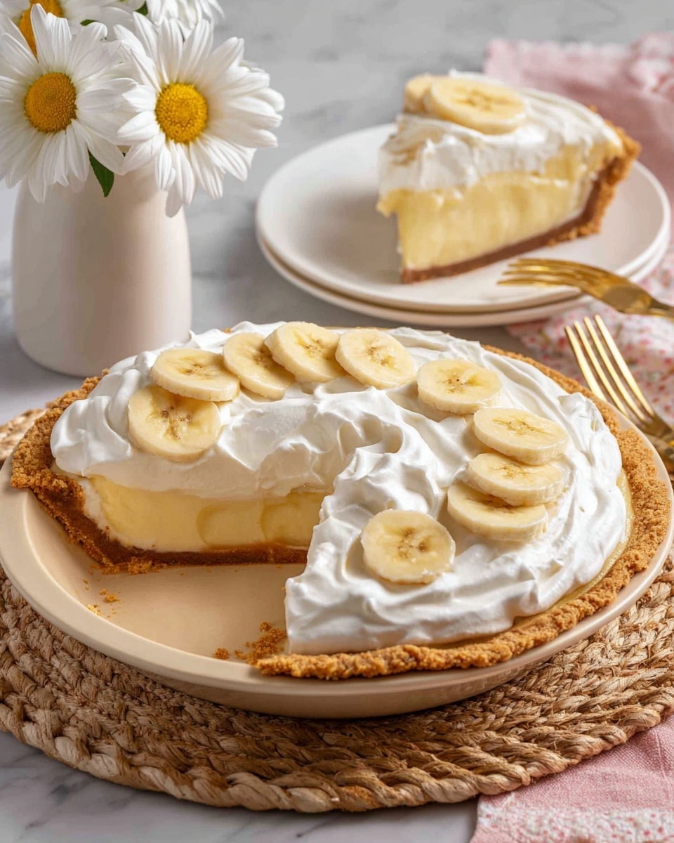 The image shows a banana cream pie with three visible layers: a golden brown crust with a crimped edge forming the bottom layer, a smooth pale yellow creamy banana filling as the middle layer, and a thick white whipped cream topping spread unevenly on top. The pie is decorated with sliced banana pieces placed evenly on the whipped cream. One large slice is removed and placed on a white plate in the background, showing the three layers clearly. The pie is on a beige plate that rests on a woven mat, with a gold fork nearby on a white marbled surface. There is also a small vase with three white daisies with yellow centers in the background. Photo taken with an iphone --ar 4:5 --v 7