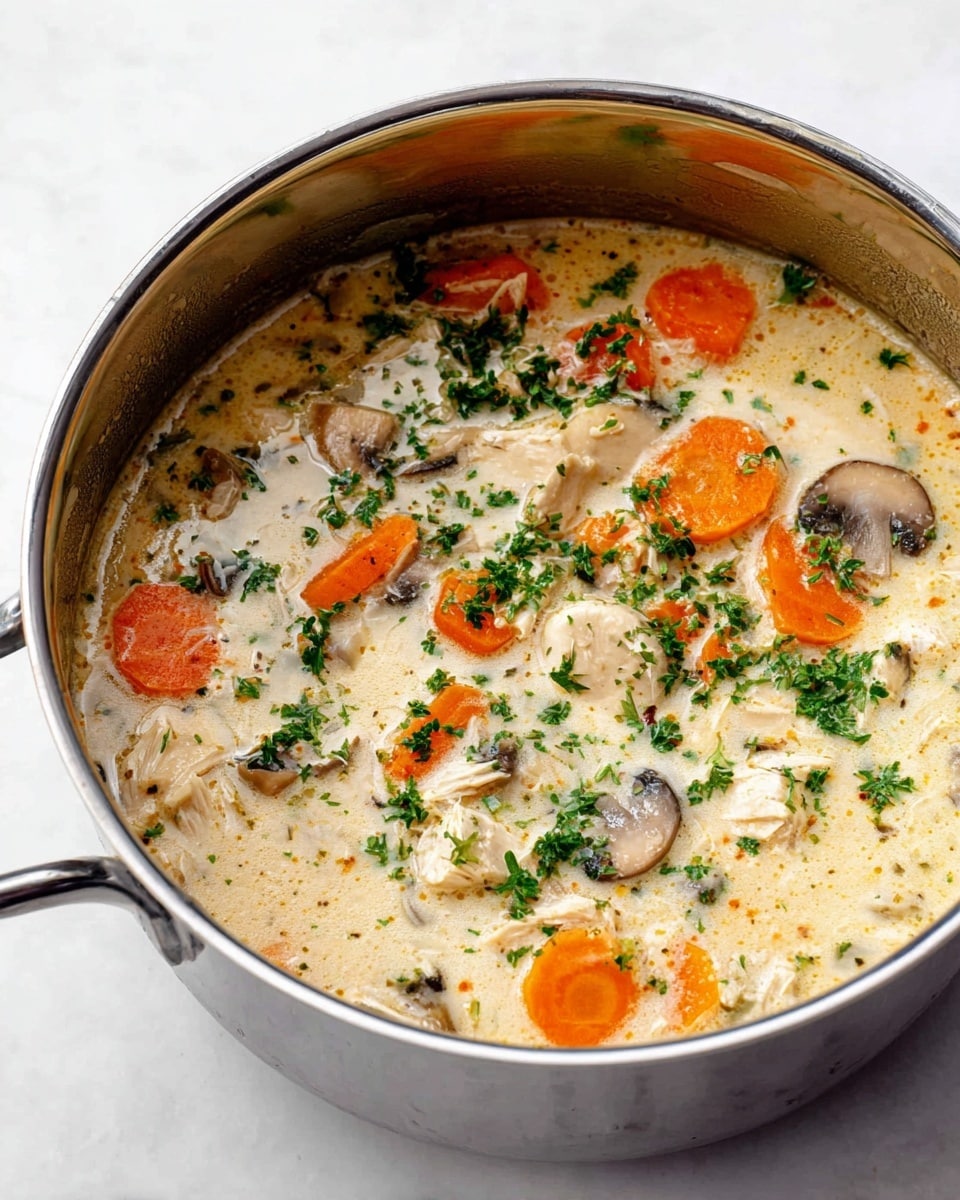 Inside a shiny silver pot on a white marbled surface, there is a creamy soup with visible layers of ingredients. The base is thick and pale, almost light beige with a smooth texture. Floating on the surface are bright orange carrot slices cut into discs, soft beige mushroom pieces with brown edges, and small chunks of light cream-colored chicken. Green chopped parsley is sprinkled all over, adding contrast and freshness. The pot handle is visible on the left side, and the soup looks warm and comforting. photo taken with an iphone --ar 4:5 --v 7