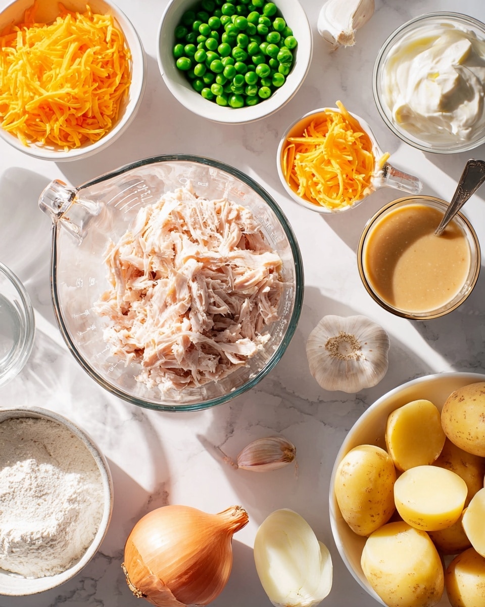 A white marbled surface holds various cooking ingredients arranged in a neat layout. At the center, there is a clear glass measuring cup filled with shredded light pink cooked turkey. Surrounding it are bowls and measuring cups containing bright orange shredded cheddar cheese, frozen green peas, white sour cream, pale yellow butter, white flour, and a small glass container of creamy light brown gravy. A whole yellow onion with its skin partially peeled sits near a bulb of garlic. On the right edge, a white bowl holds halved boiled potatoes with a soft yellow inside. Sunlight casts soft shadows over the scene, highlighting the textures and colors clearly. Photo taken with an iphone --ar 4:5 --v 7