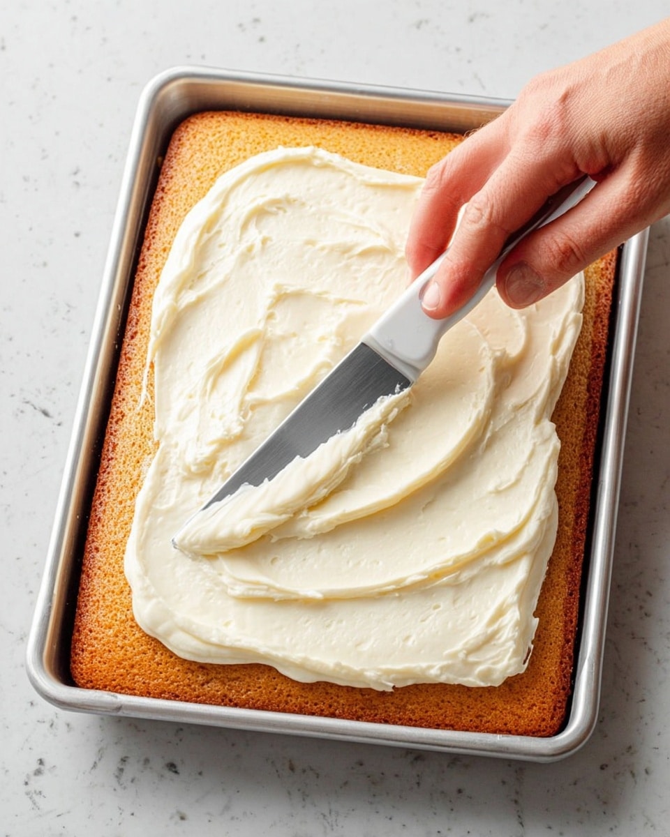 A close-up image of a rectangular silver baking tray filled with one thick golden brown cake layer. On top, a woman's hand is using a metal spatula to spread a thick creamy white frosting smoothly across the cake’s surface. The background is a white marbled texture. Photo taken with an iphone --ar 4:5 --v 7