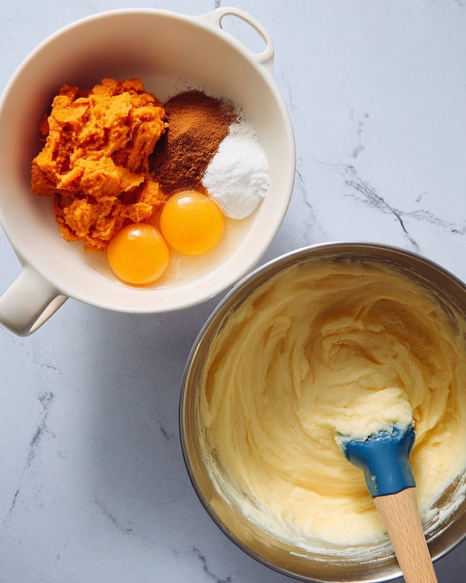 The image shows two bowls on a white marbled surface. The bowl on the left is white with a handle and contains two bright orange scoops of mashed sweet potato, two raw yellow eggs, a pile of brown cinnamon powder, and some light cream or milk. The bowl on the right is metal and has a smooth, creamy light yellow mixture being stirred with a wooden spatula that has a blue rubber end. The scene looks like the process of mixing ingredients for baking or cooking. Photo taken with an iphone --ar 4:5 --v 7