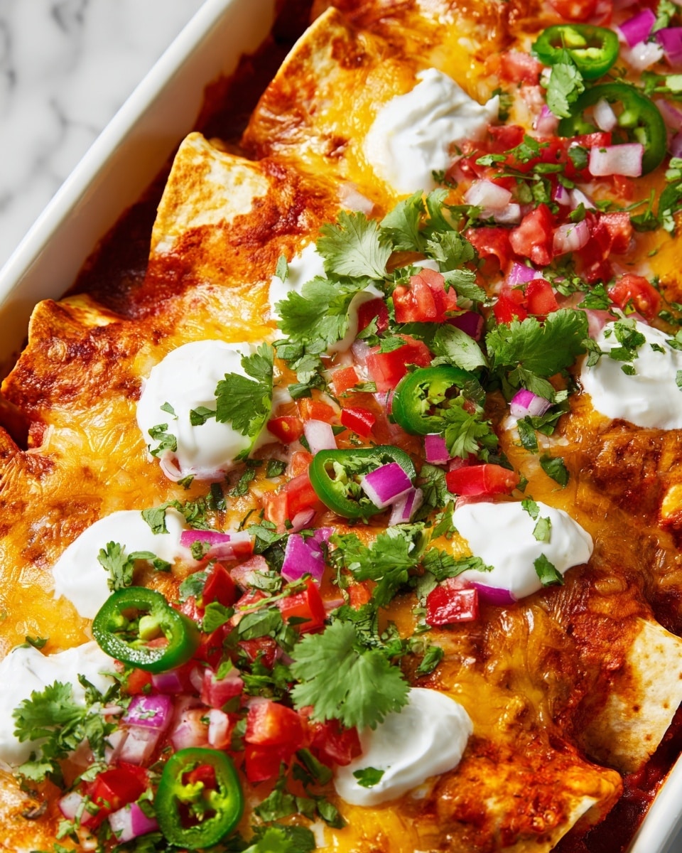 This dish shows rolled tortillas arranged in a white baked dish, each tortilla filled and topped with melted golden cheese and a layer of rich red sauce beneath. On top of the tortillas are dollops of white sour cream spread evenly across the dish. Over the sour cream and cheese, small pieces of red tomatoes, green jalapeños, and purple onions are sprinkled, adding bright color contrast. Fresh green cilantro leaves are placed on top, adding freshness and visual texture. The dish sits on a white marbled surface photo taken with an iphone --ar 4:5 --v 7