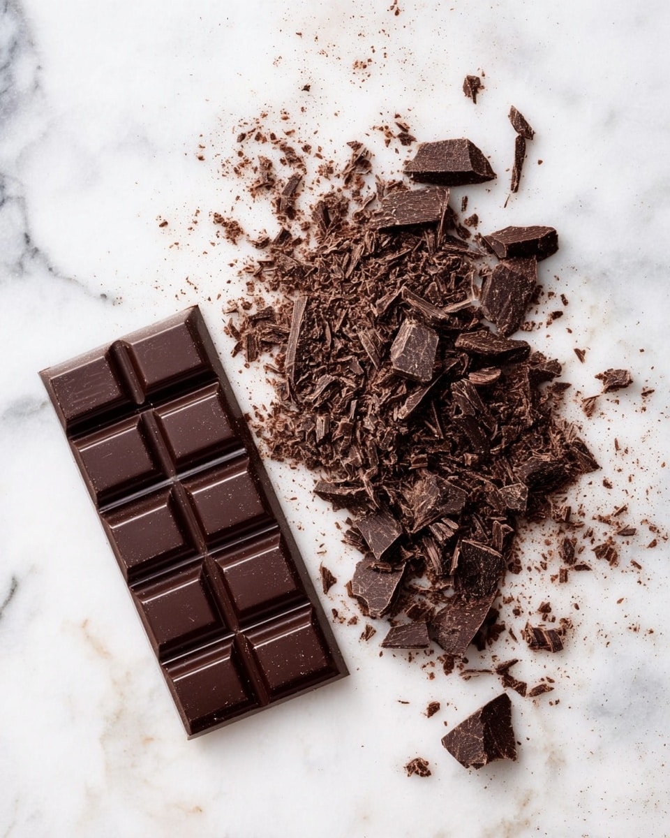 On a white marbled surface, there is one solid bar of dark chocolate with six segments on the left side, next to a pile of broken chocolate pieces and shavings spread unevenly in the middle and right area. The chocolate pieces vary in size, with some larger chunks and many tiny flakes scattered around, creating a textured look with shades of dark brown. photo taken with an iphone --ar 4:5 --v 7
