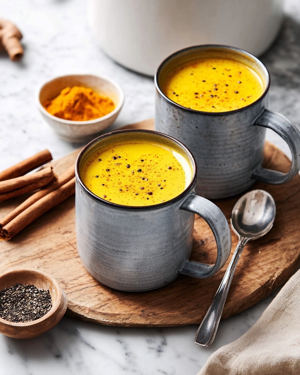 Two gray ceramic mugs filled with smooth, bright yellow turmeric latte topped with small black pepper specks sit on a round wooden board placed on a white marbled surface. Near the mugs are cinnamon sticks, a small white bowl with bright yellow turmeric powder and a wooden spoon, and a small gray bowl filled with crushed black pepper. A silver spoon lies beside the closer mug. The background includes parts of a white pot and a beige cloth. The soft lighting highlights the warm colors and textures, creating a cozy atmosphere. photo taken with an iphone --ar 4:5 --v 7