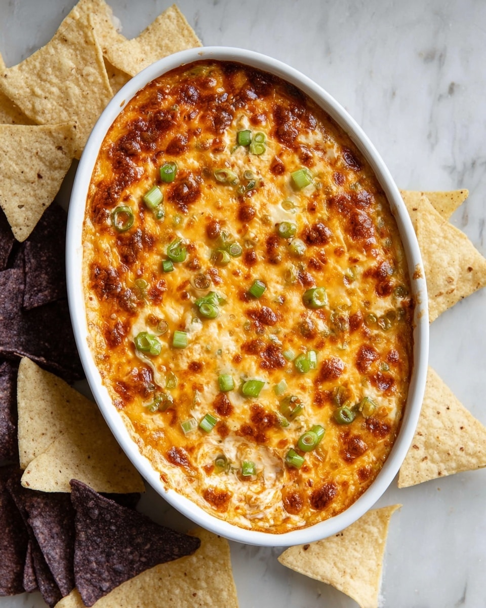 A white oval dish filled with a hot baked dip showing a bubbly, browned cheese layer on top with golden and light brown spots, sprinkled with small green onion slices scattered evenly. The dip appears creamy and rich with a slightly crusty texture on the surface. Around the dish, there are light beige and dark purple triangular tortilla chips placed on a white marbled surface, some chips overlapping and some resting separately. Photo taken with an iphone --ar 4:5 --v 7