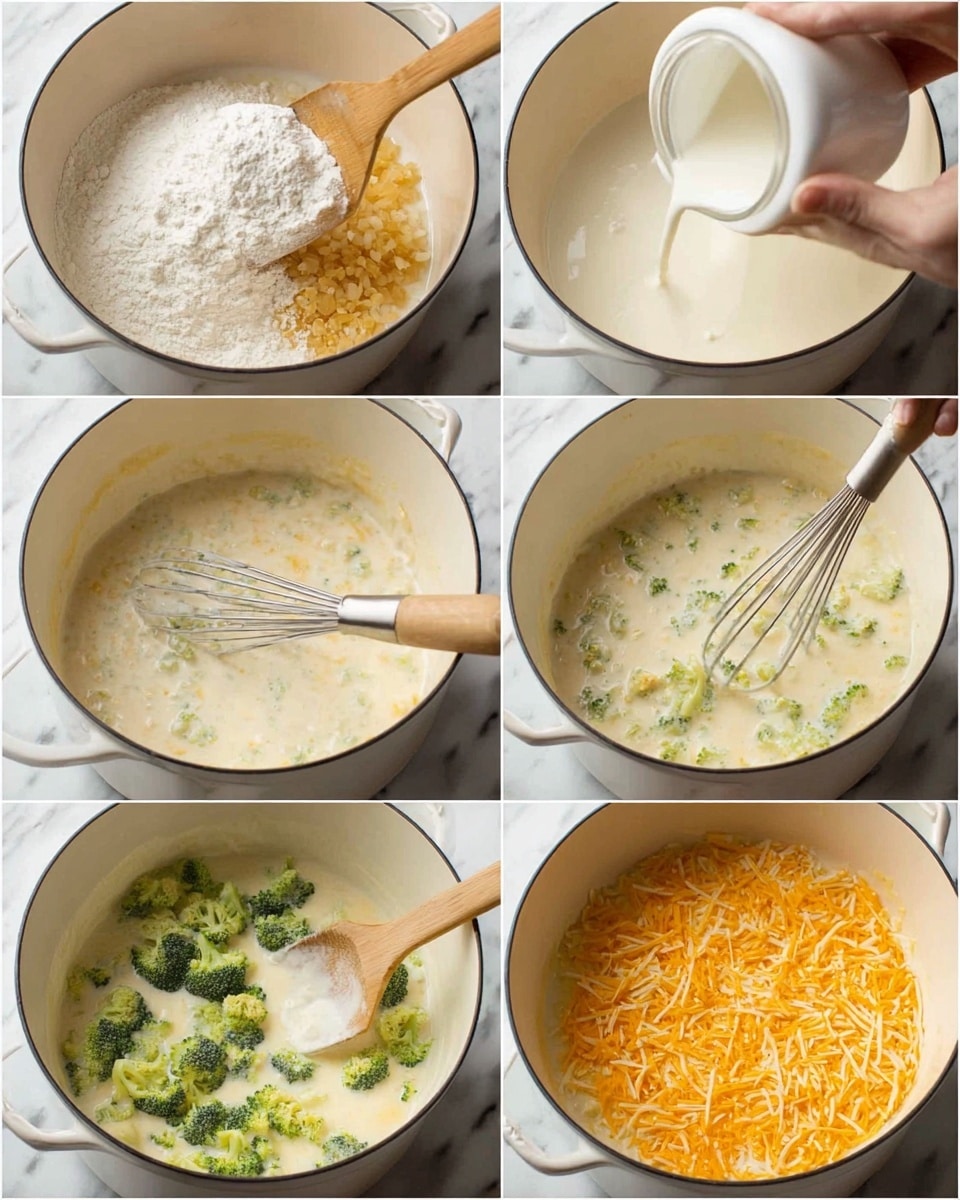 The image shows six steps of making a creamy broccoli cheese sauce in a white pot on a white marbled surface. The first layer is cooked onions with a pile of white flour on top, mixed with a wooden spatula. The second layer is a creamy white mixture with a woman's hand whisk blending in milk. The third layer shows milk being poured in with the whisk inside the pot. The fourth layer has small bright green broccoli pieces floating on a thick cream base. The fifth layer shows a woman’s hand pouring cream while stirring broccoli in the white pot. The last layer has shredded orange cheddar cheese and white parmesan added on top of the thick broccoli cream sauce, with a wooden spatula supporting the mixture photo taken with an iphone --ar 4:5 --v 7