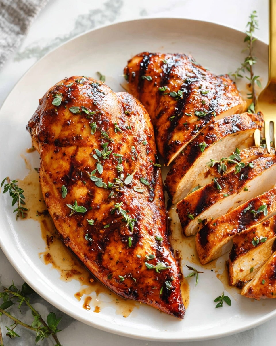 A white plate holds two pieces of cooked chicken with a rich brown color and grill marks, one whole breast and one sliced into thick pieces. The chicken has small green herb leaves sprinkled on top and is shiny with a light glaze. A gold fork rests under the whole chicken piece, partially visible. The background is a white marbled surface with some small green herb leaves scattered around. photo taken with an iphone --ar 4:5 --v 7