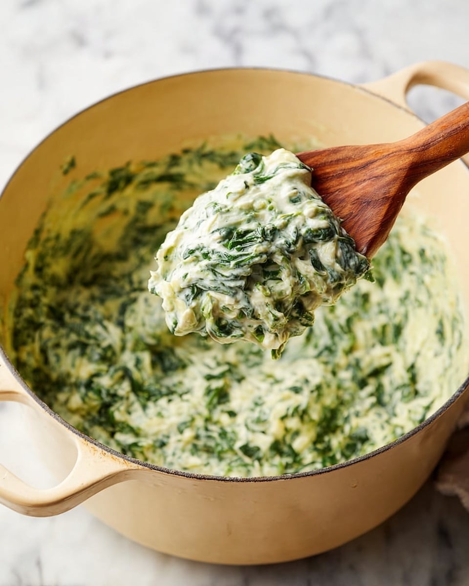 A large light yellow pot filled with a creamy mix of chopped green spinach and white sauce, showing a thick, slightly chunky texture. A wooden spoon held by a woman's hand lifts a scoop of the spinach and cream mixture above the pot, highlighting the dense layers of green spinach bits and smooth white cream swirled together. The background is a white marbled surface. photo taken with an iphone --ar 4:5 --v 7