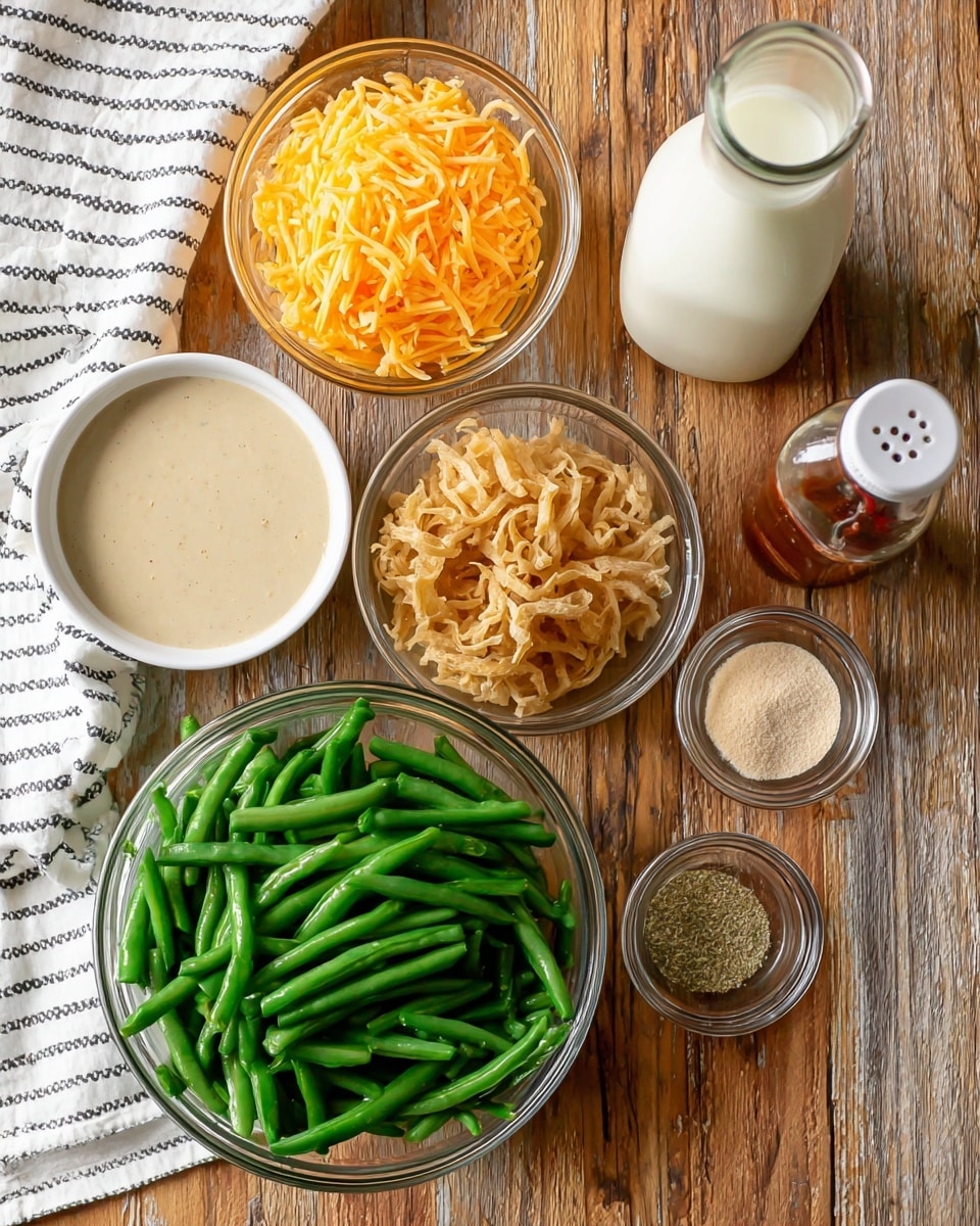 A top-down view of six ingredients arranged on a wooden surface with a white striped cloth on the side: a small white bowl of creamy beige mushroom soup at the top left, a clear glass bowl of shredded orange cheese at the top right, a small bottle of milk with a white cap placed next to the cheese, a large clear glass bowl filled with fresh cut green beans in the center, a smaller clear glass bowl of golden fried onions at the bottom left, a small clear container of light brown seasoned salt at the bottom right, and a clear soy sauce bottle with a red cap near the bottom right side of the green beans. photo taken with an iphone --ar 4:5 --v 7