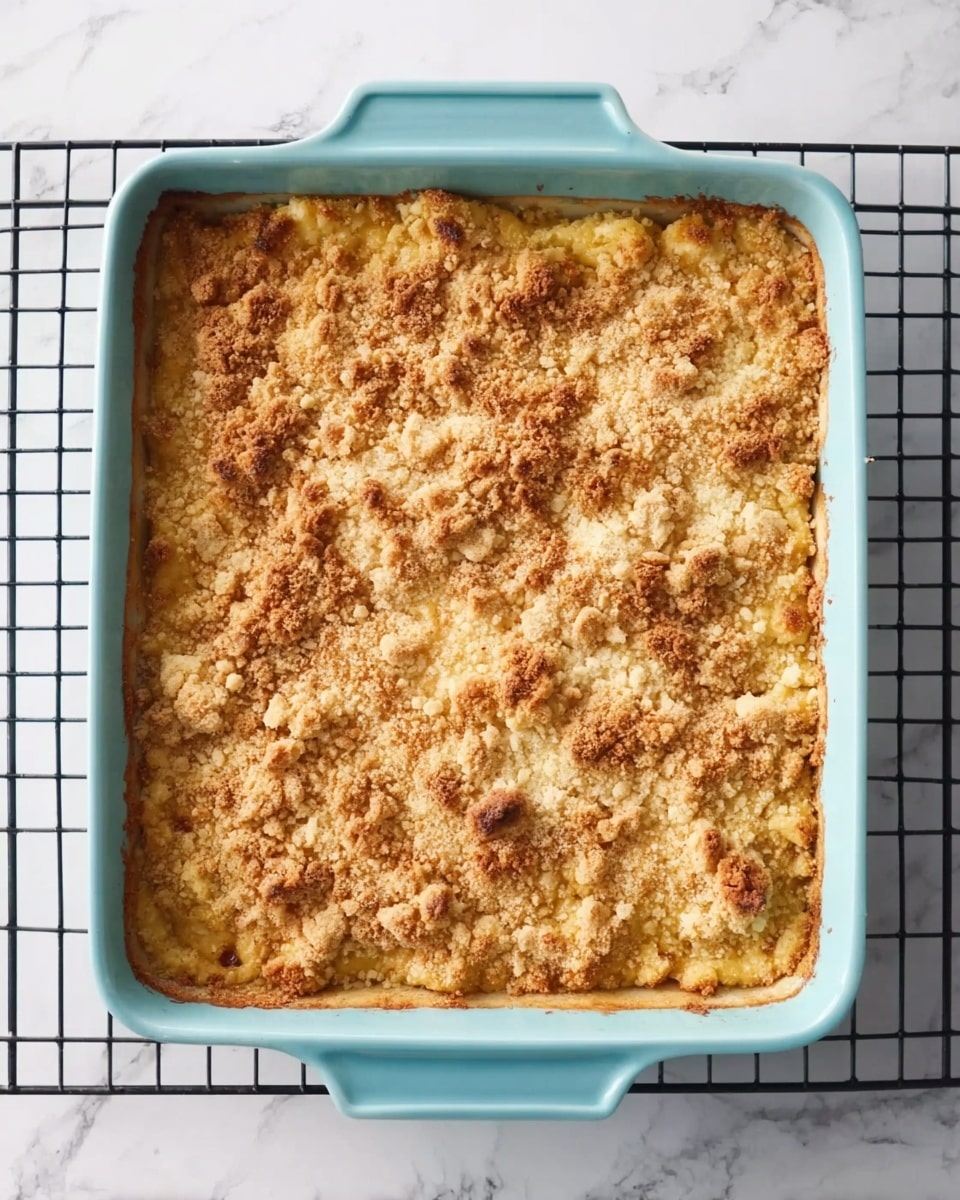 A light blue baking dish filled with a golden brown baked dessert that has a rough, crumbly top layer with darker brown spots scattered across. The dessert looks thick, with a slightly uneven textured surface from the crumble topping. The dish sits on a black cooling rack over a white marbled surface. Photo taken with an iphone --ar 4:5 --v 7