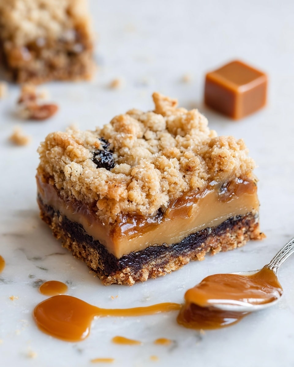 The image shows a single square dessert with three visible layers on a white marbled surface. The bottom layer is dark and dense, likely made from chocolate or fruit. The middle layer is thick and sticky, caramel-colored with a smooth texture that spills slightly over the edges. The top layer is crumbly and light golden with an oatmeal-like texture, giving a rough and uneven surface. Small dark pieces, possibly raisins or nuts, are embedded within the layers. Nearby, there is a small caramel cube, a silver spoon with some caramel sauce, and some caramel drips around the dessert. The scene is bright and clear, showing textures and layers in detail photo taken with an iphone --ar 4:5 --v 7
