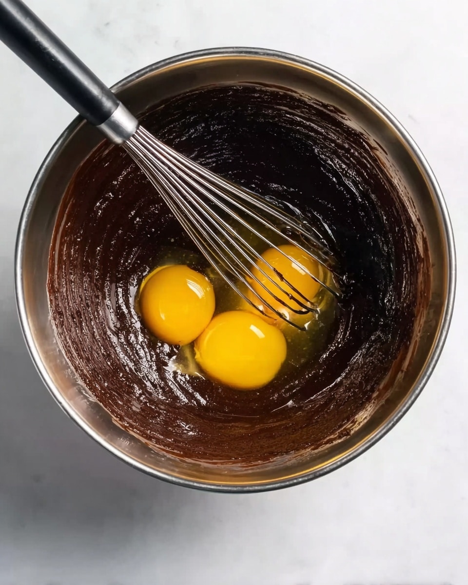 A silver metal bowl sits on a white marbled surface, filled with dark thick chocolate batter lining the bottom and sides. Two bright yellow egg yolks rest in the middle of the batter, shining slightly under the light. A black and silver whisk lies inside the bowl, sticking into the batter and eggs. The bowl’s edge curves round smoothly, and the whole scene is simple and clean. photo taken with an iphone --ar 4:5 --v 7