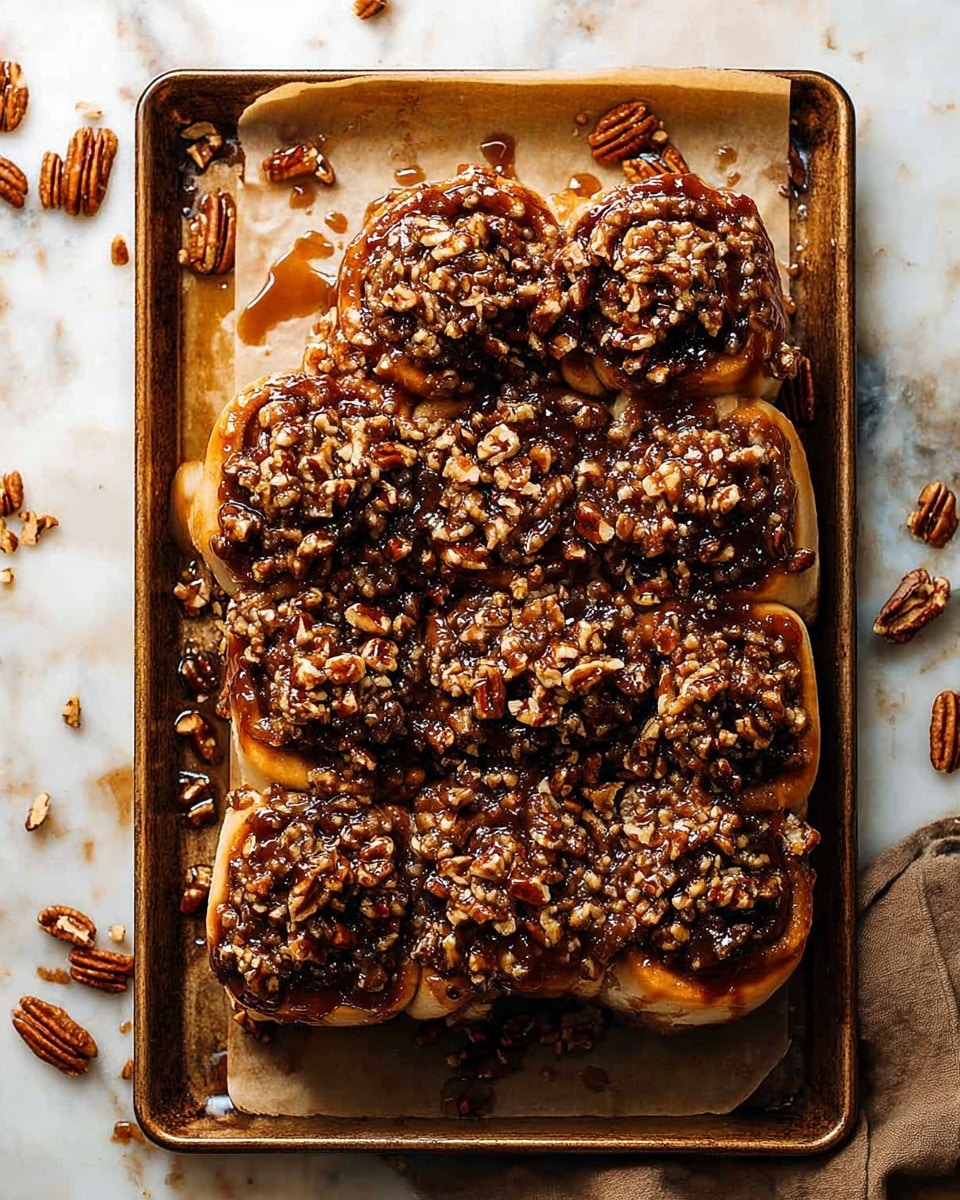 The image shows a baking tray lined with parchment paper holding a cluster of sticky cinnamon rolls. There are eight rolls in total, all topped heavily with a thick layer of dark brown caramel sauce mixed with a generous amount of chopped pecans that cover the entire surface of each roll. The rolls have a golden brown color with their soft texture slightly visible under the abundant nuts and sauce. Scattered pecans and drops of caramel sauce are around the tray, all placed on a white marbled surface. photo taken with an iphone --ar 4:5 --v 7