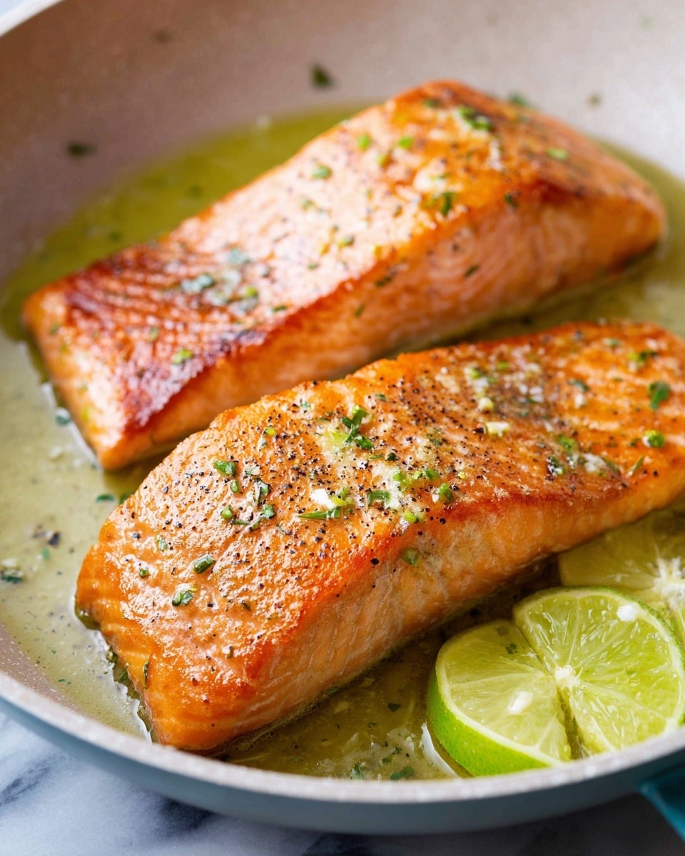 Two cooked salmon fillets with a golden-orange crispy skin layer on top, showing small green herbs and black pepper sprinkled across them. The salmon has a moist, slightly shiny texture, sitting in a thin layer of light greenish-yellow oil or sauce. On the right side of the pan, there are several wedges of bright yellow lemon with a greenish tint on the edges. The food is served in a white pan with a shallow depth, placed on a white marbled surface. Photo taken with an iphone --ar 4:5 --v 7